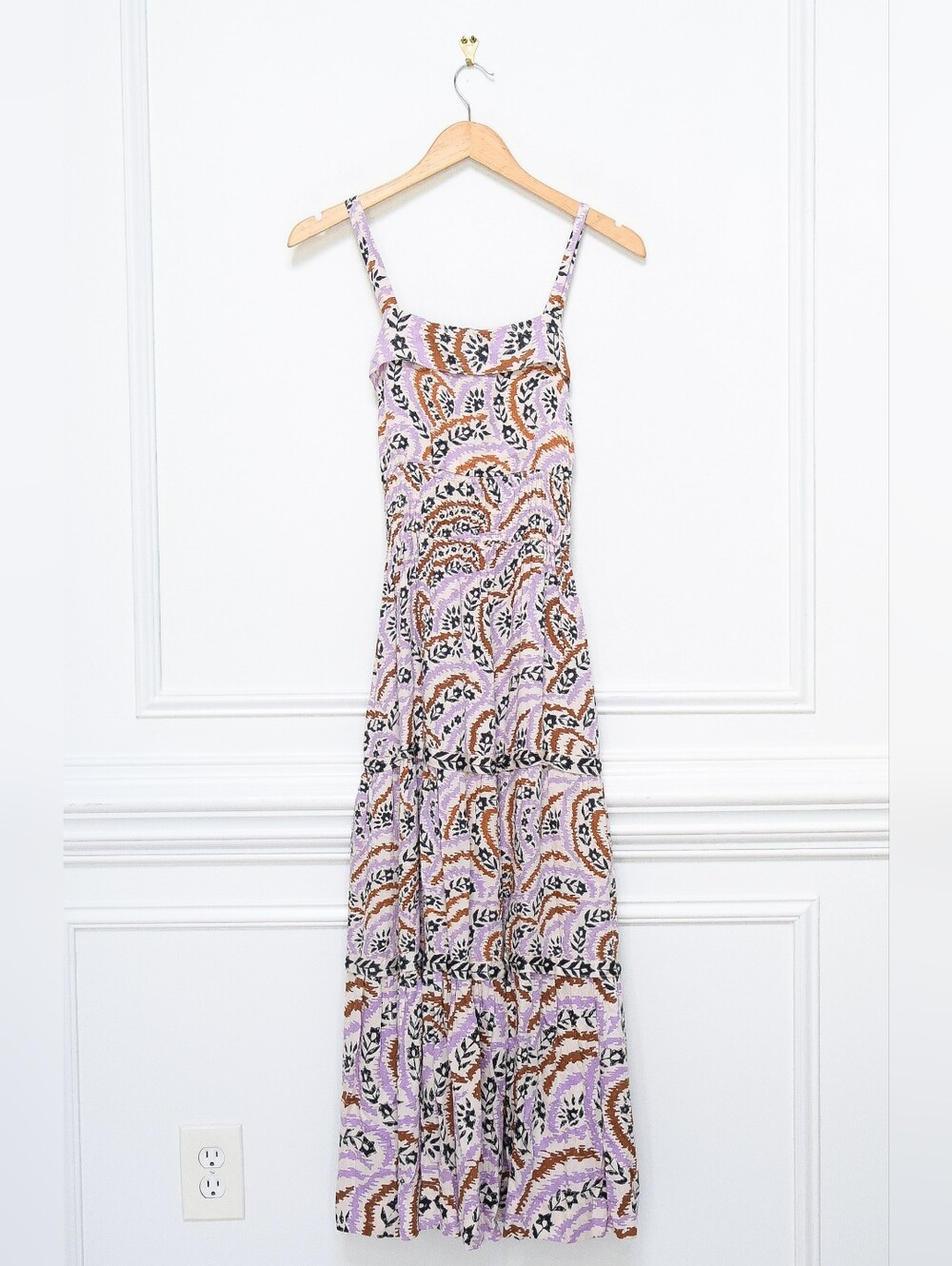NWT Omika Monroe Maxi Dress Floral Tiered Tie Back Lilac Brown Sz M Euro Summer - Picture 3 of 13